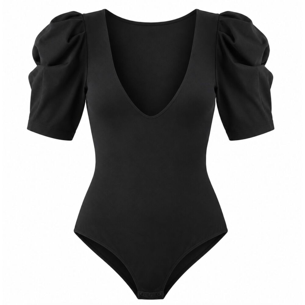 Free People Va Va Voop Black Puff Sleeve Bodysuit NWT